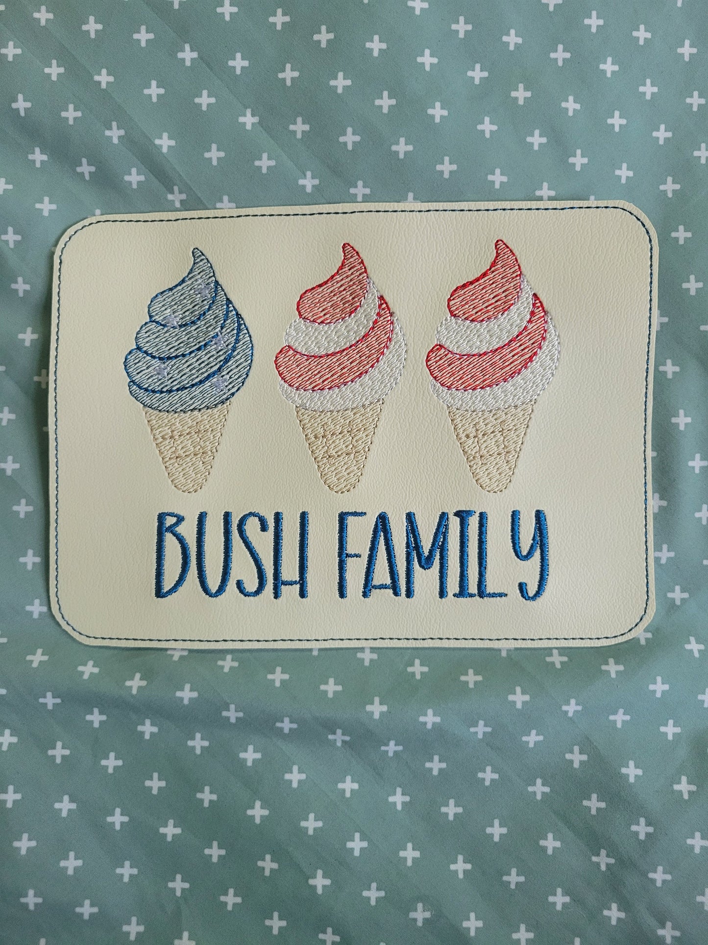 Embroidered Faux Leather Marine Vinyl Stroller Wagon Patch Ice cream Flag 4th of July family name Memorial day