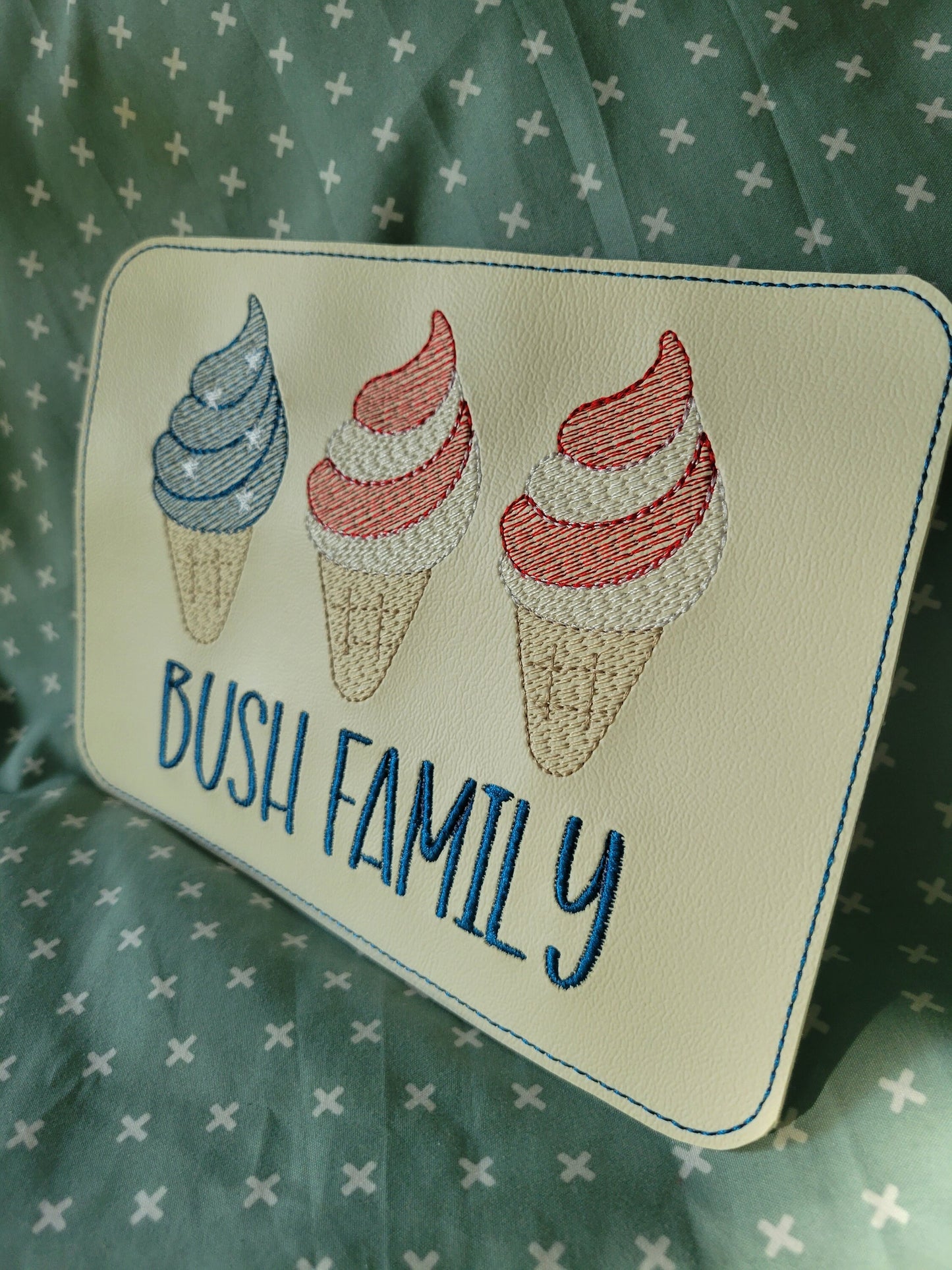 Embroidered Faux Leather Marine Vinyl Stroller Wagon Patch Ice cream Flag 4th of July family name Memorial day