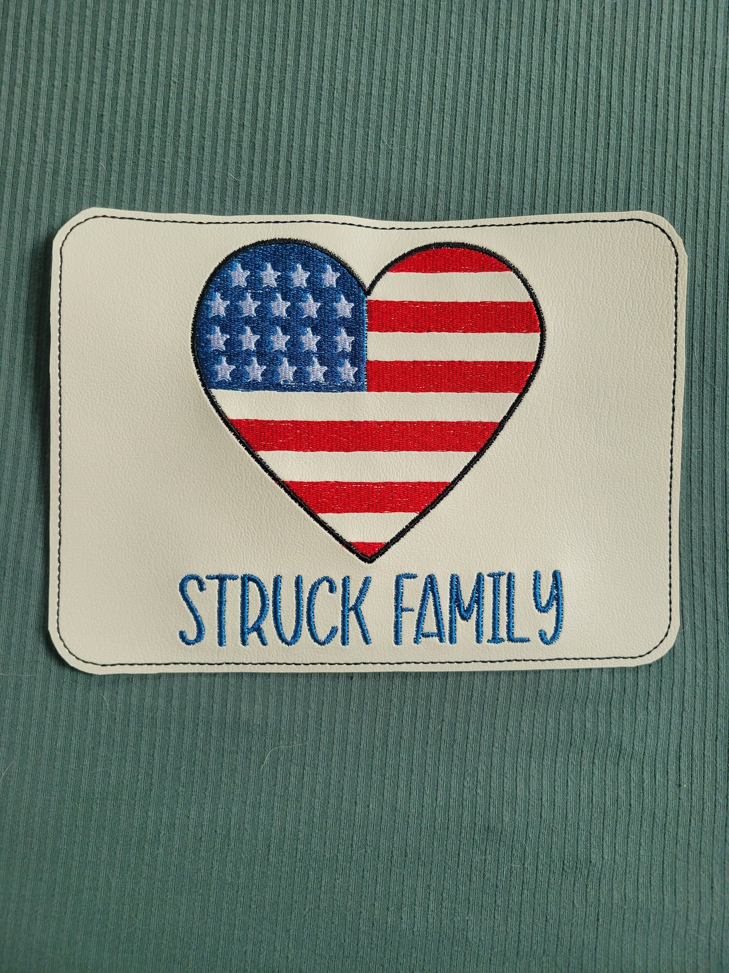 Embroidered Faux Leather  Marine Vinyl Stroller Wagon Patch Heart Flag 4th of July family name Memorial day