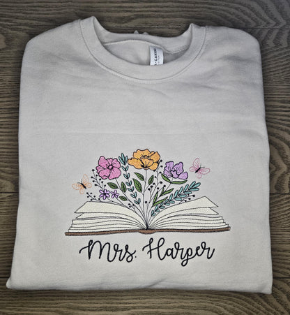 Personalized Teacher Floral Book Embroidered Crewneck Sweatshirt Custom