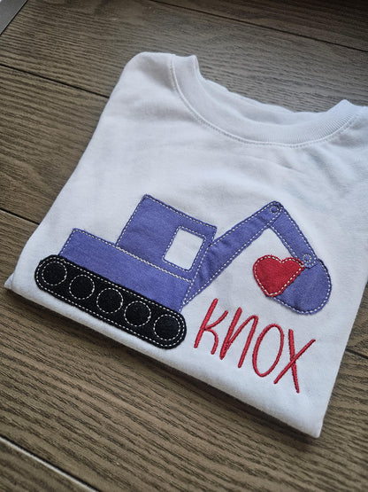 Valentines Day Excavator Digger Applique Personalized Name Embroidered TShirt