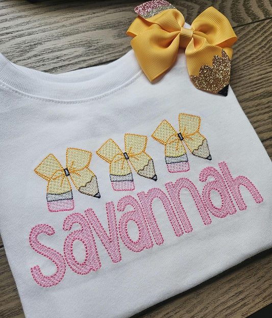 Pencil Bow Back to School Personalized  Embroidered TShirt