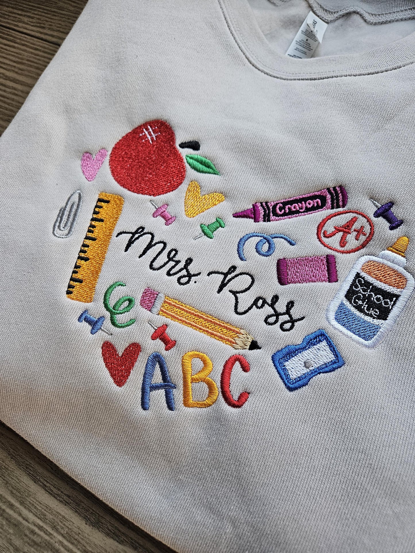 Personalized Teacher Supply Heart Embroidered Crewneck Sweatshirt Custom