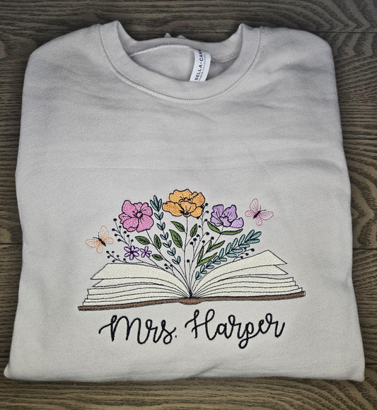 Personalized Teacher Floral Book Embroidered Crewneck Sweatshirt Custom