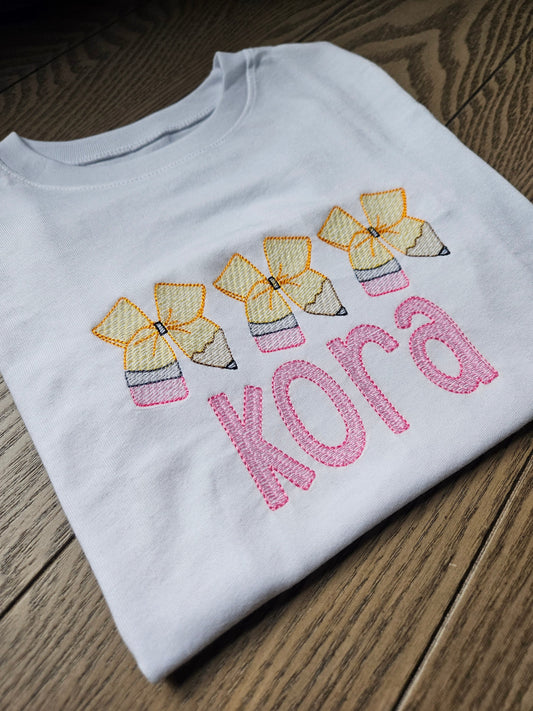 Pencil Bow Back to School Personalized  Embroidered TShirt