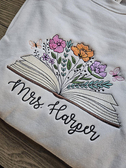 Personalized Teacher Floral Book Embroidered Crewneck Sweatshirt Custom