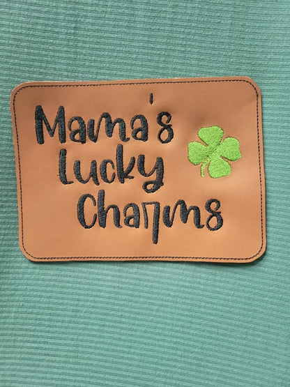 Embroidered Faux Leather Marine Vinyl Stroller Wagon Patch Mamas Lucky Charms St Patricks Day 4 leaf clover lucky patch