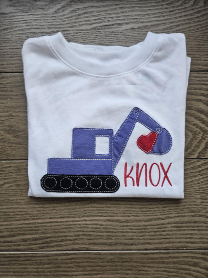 Valentines Day Excavator Digger Applique Personalized Name Embroidered TShirt