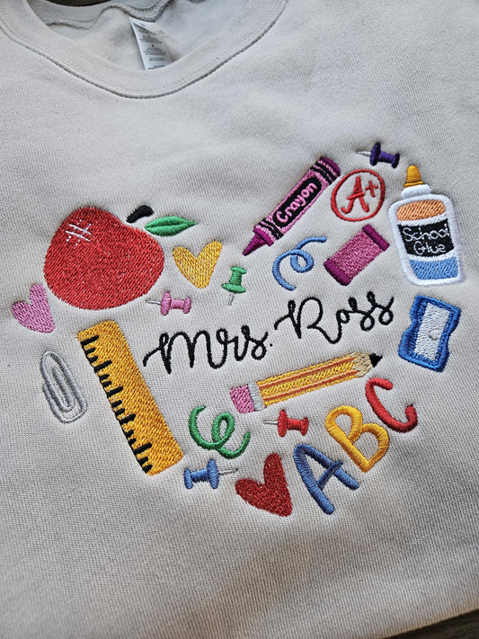 Personalized Teacher Supply Heart Embroidered Crewneck Sweatshirt Custom